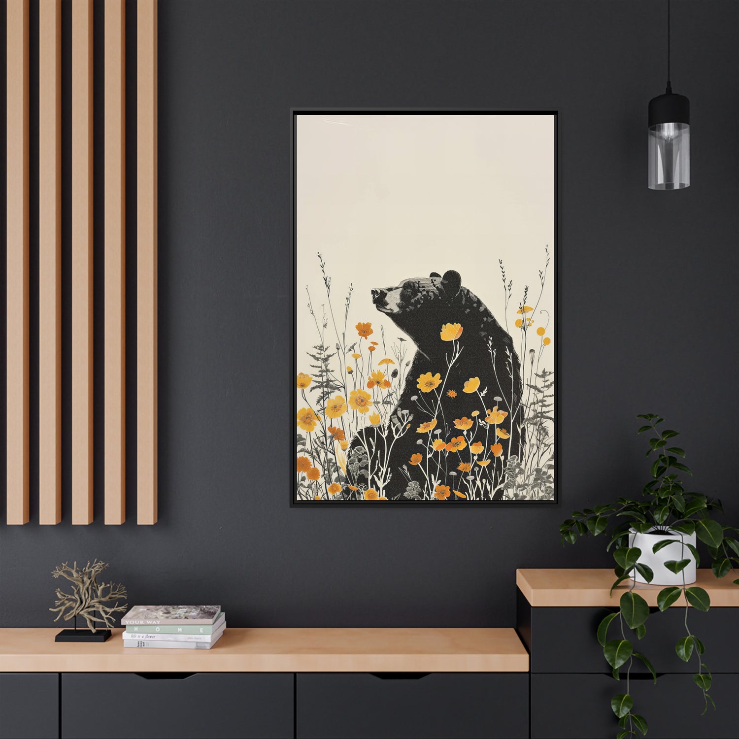 Framed Canvas - Black Bear in Wildflowers
