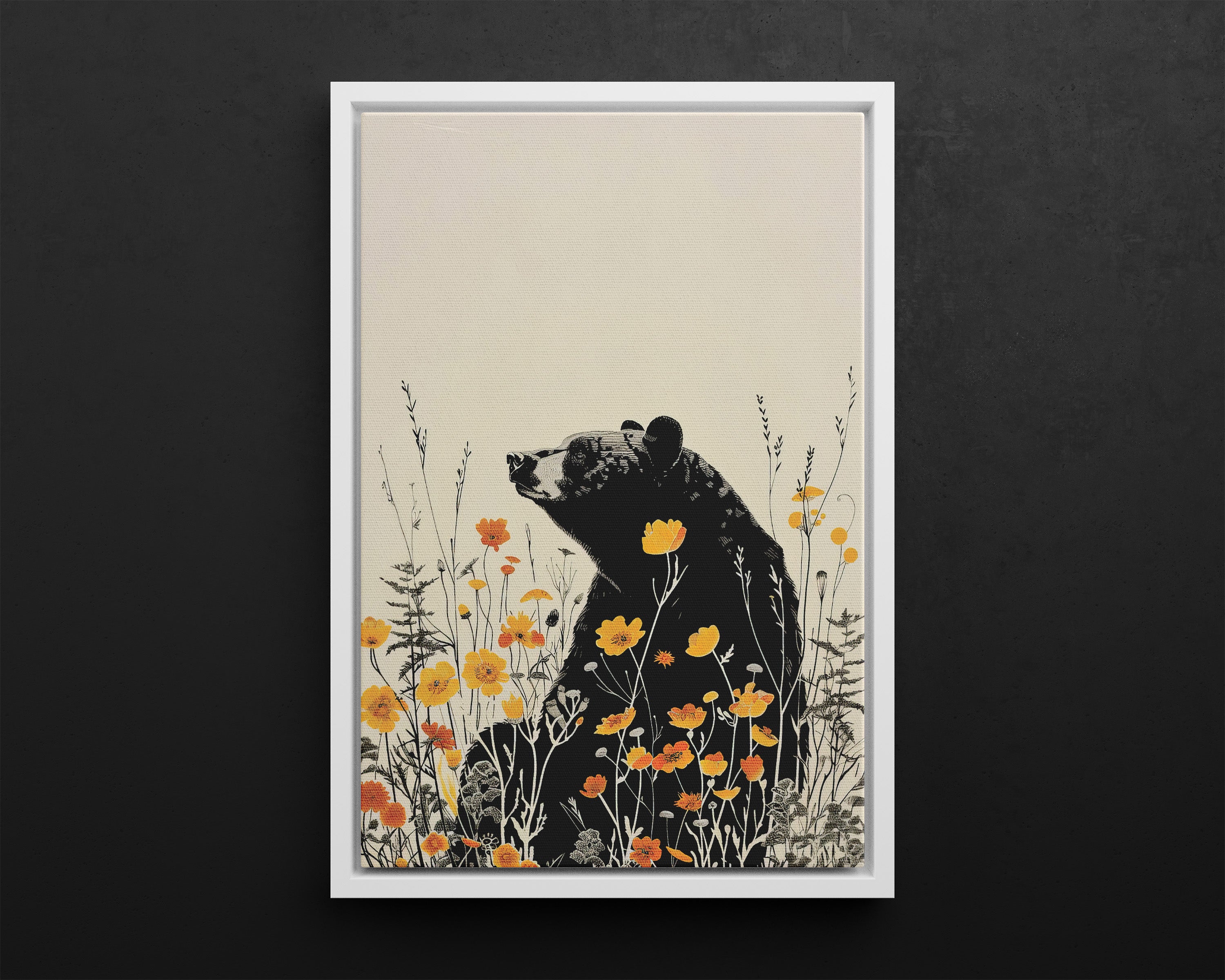 Framed Canvas - Black Bear in Wildflowers