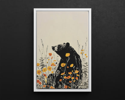 Framed Canvas - Black Bear in Wildflowers
