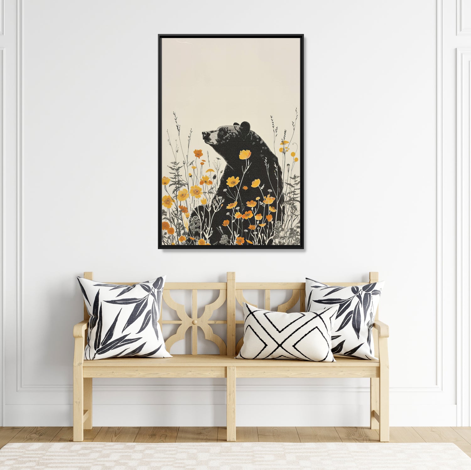 Framed Canvas - Black Bear in Wildflowers
