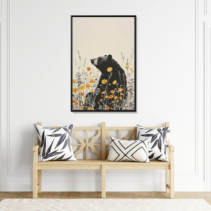 Framed Canvas - Black Bear in Wildflowers
