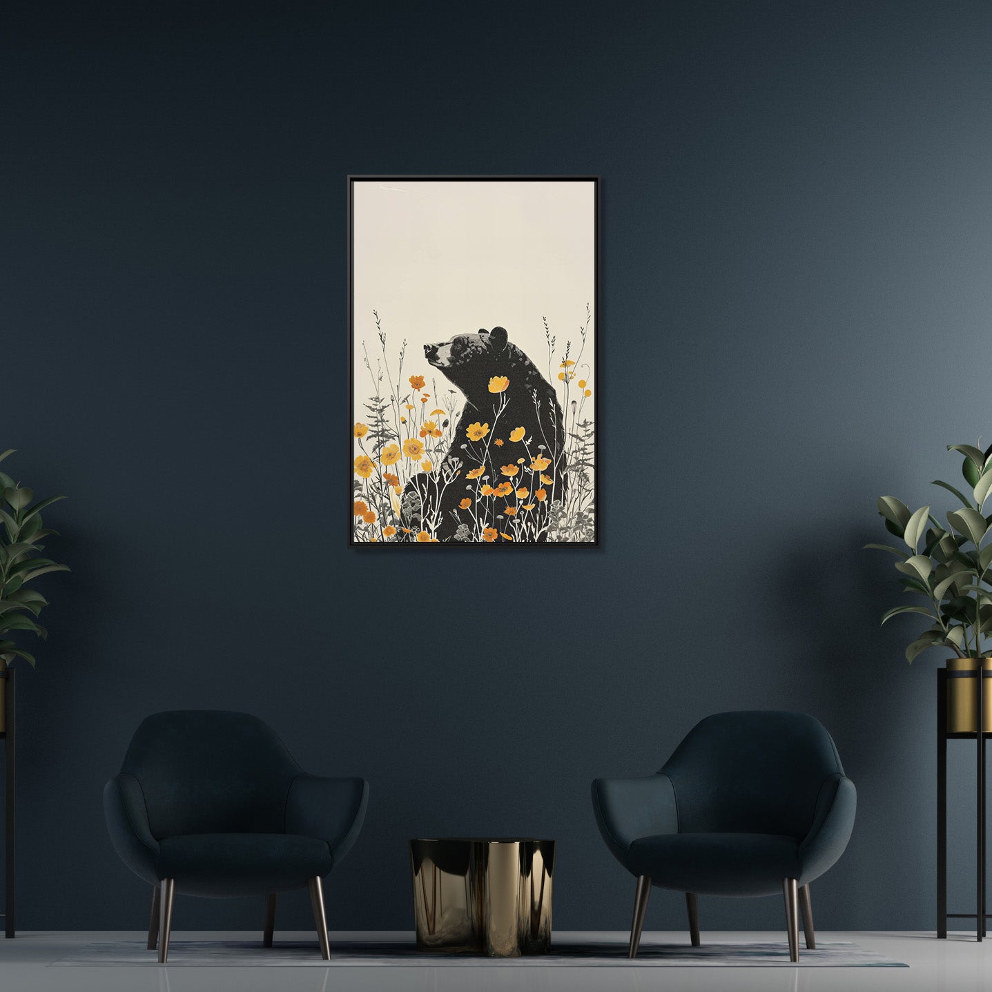 Framed Canvas - Black Bear in Wildflowers