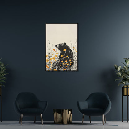 Framed Canvas - Black Bear in Wildflowers