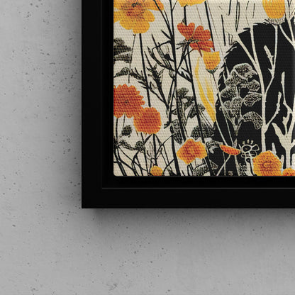 Framed Canvas - Black Bear in Wildflowers