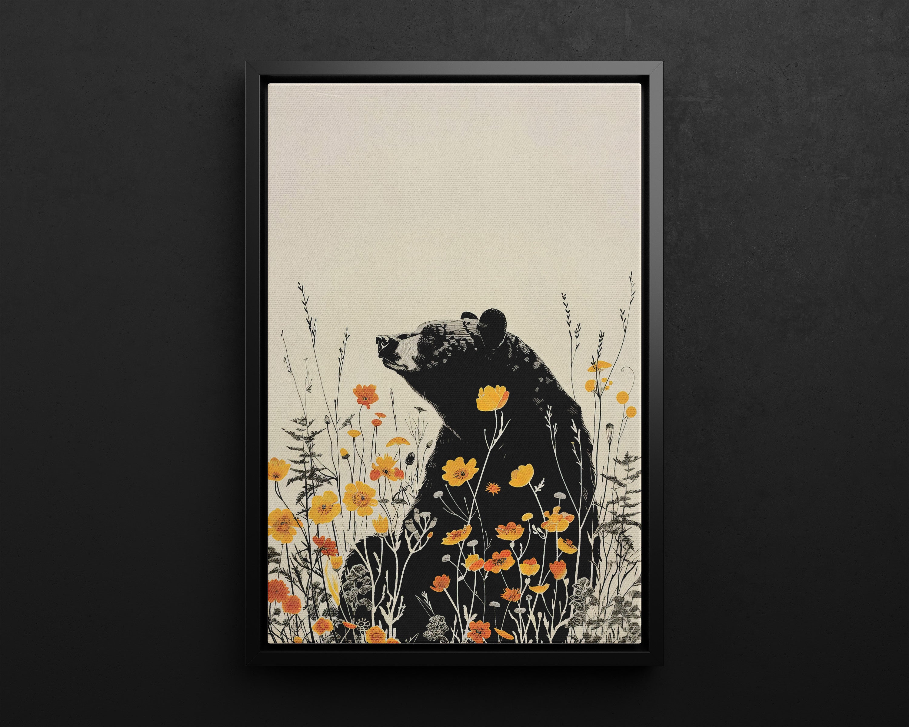 Framed Canvas - Black Bear in Wildflowers