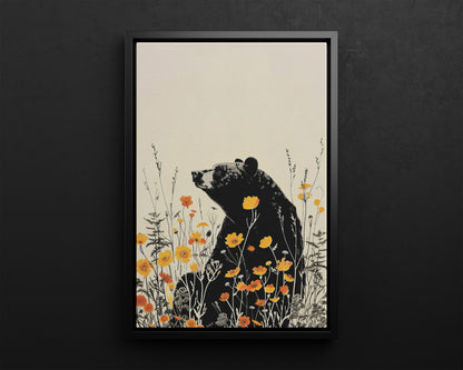 Framed Canvas - Black Bear in Wildflowers