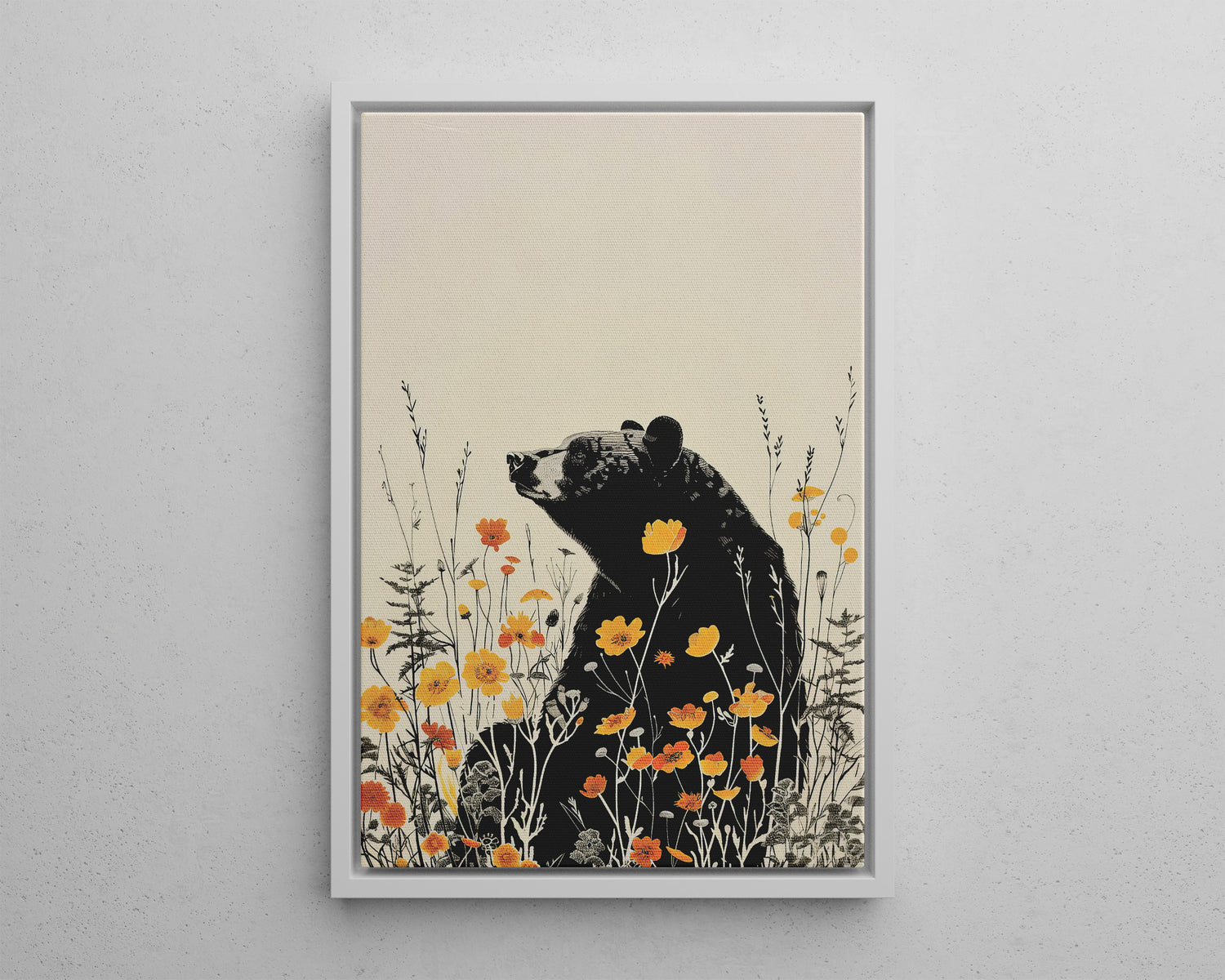 Framed Canvas - Black Bear in Wildflowers