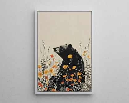 Framed Canvas - Black Bear in Wildflowers