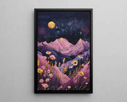 Framed Canvas - Golden Moon Over Lavender Peaks