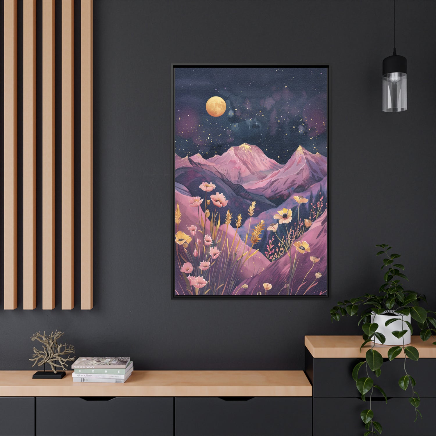Framed Canvas - Golden Moon Over Lavender Peaks