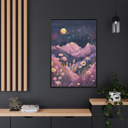 Framed Canvas - Golden Moon Over Lavender Peaks