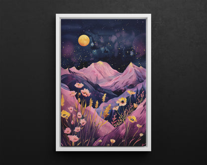 Framed Canvas - Golden Moon Over Lavender Peaks