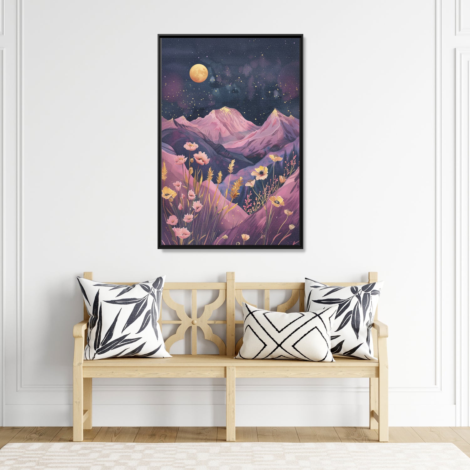 Framed Canvas - Golden Moon Over Lavender Peaks