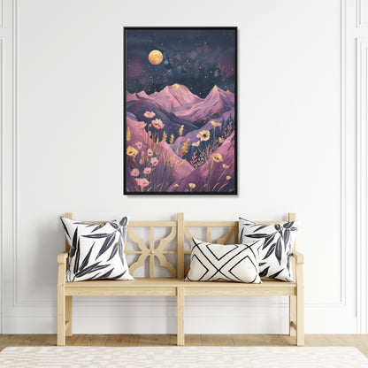 Framed Canvas - Golden Moon Over Lavender Peaks