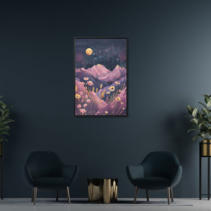Framed Canvas - Golden Moon Over Lavender Peaks