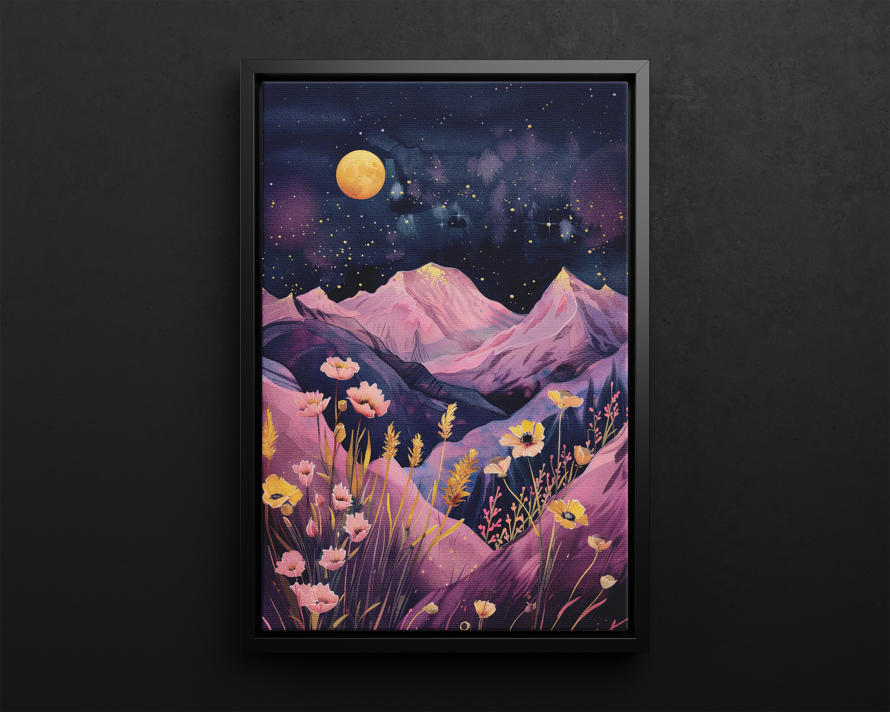 Framed Canvas - Golden Moon Over Lavender Peaks