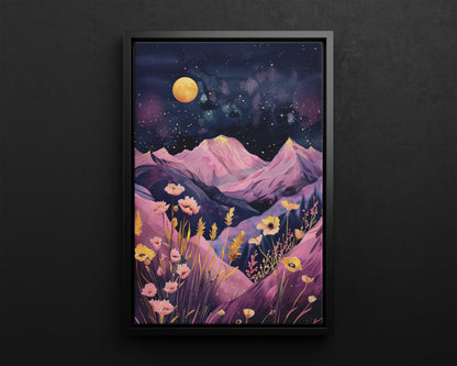 Framed Canvas - Golden Moon Over Lavender Peaks