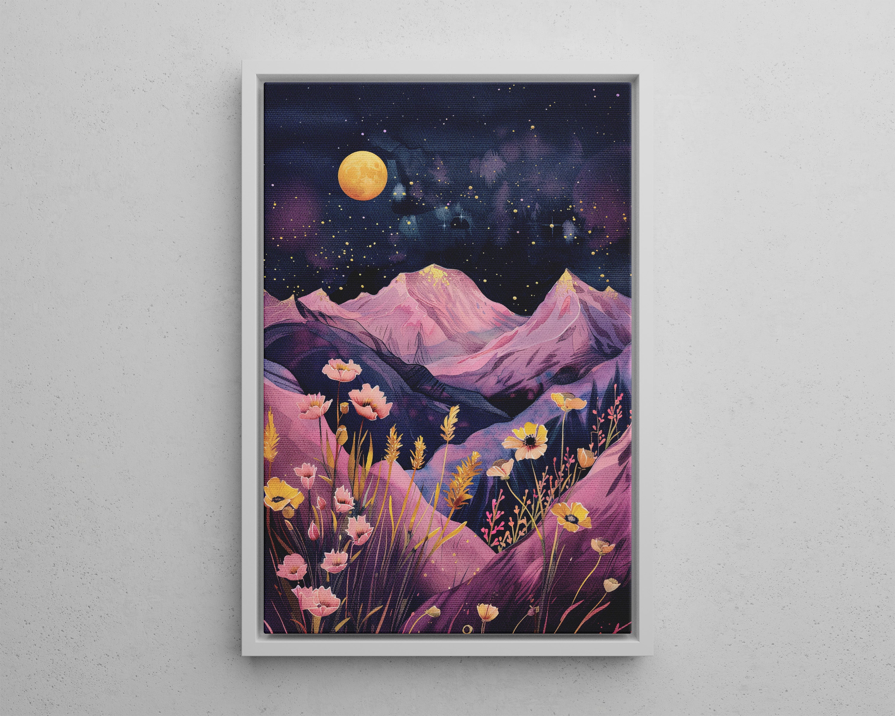Framed Canvas - Golden Moon Over Lavender Peaks