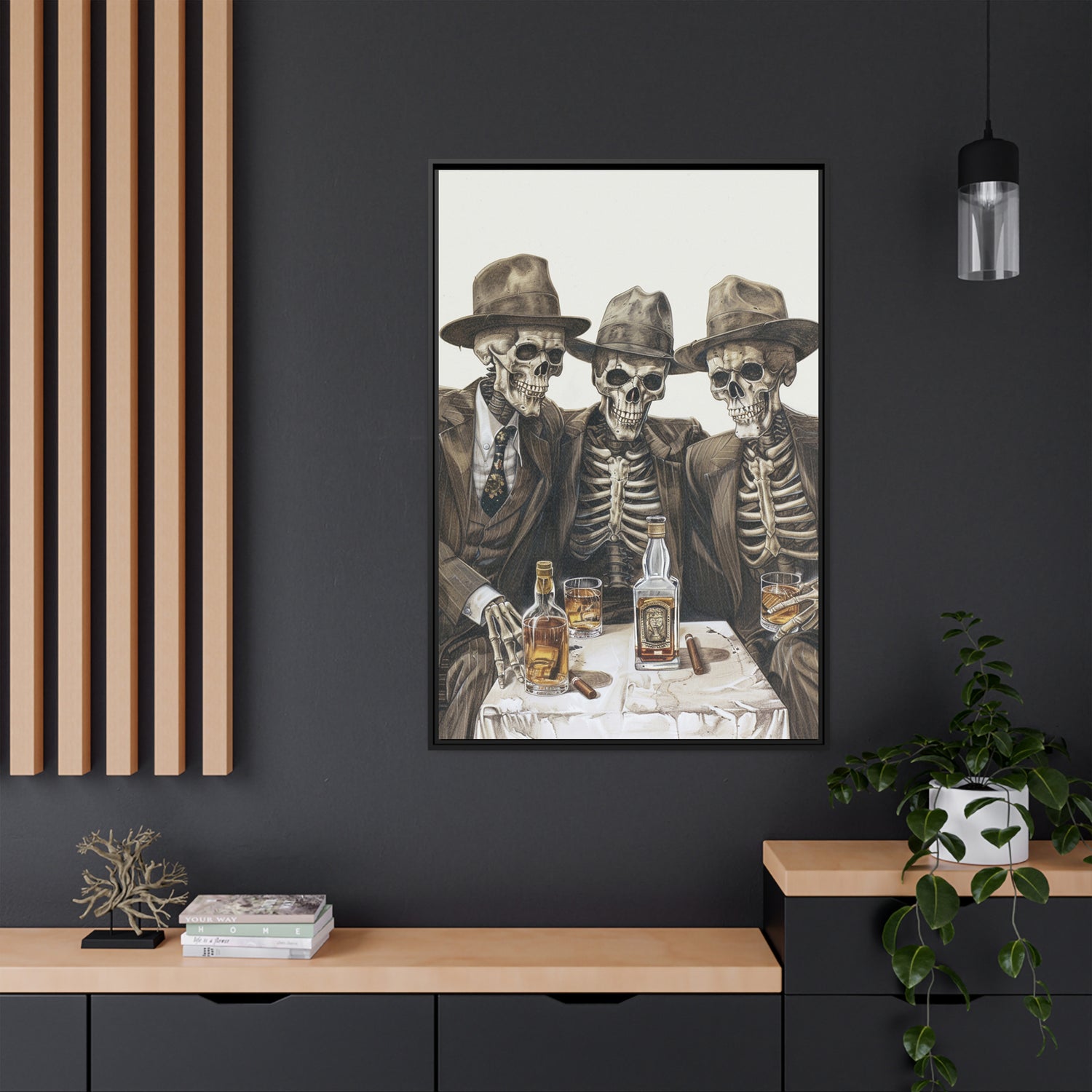 Framed Canvas - Skeleton Whiskey Gentlemen