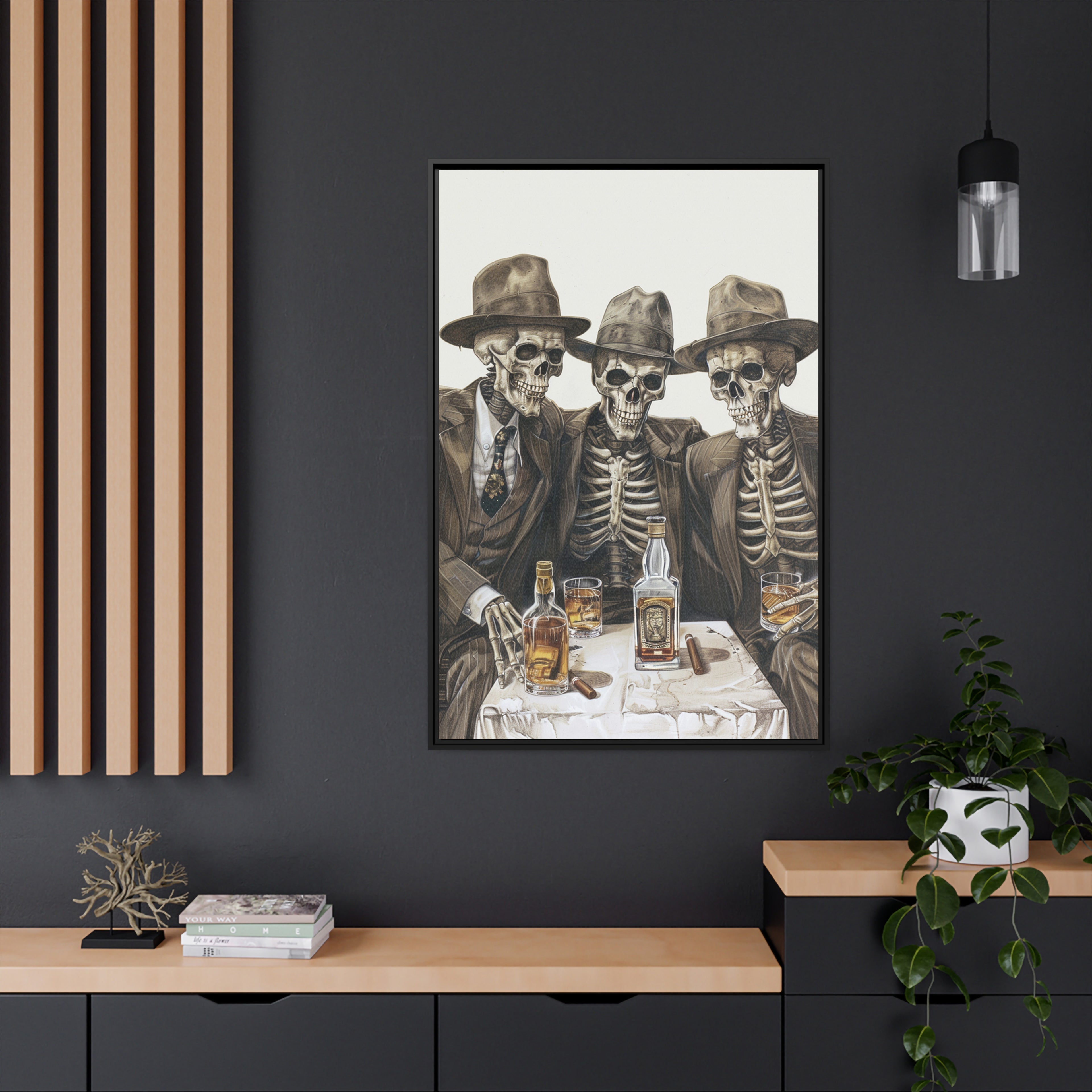 Framed Canvas - Skeleton Whiskey Gentlemen
