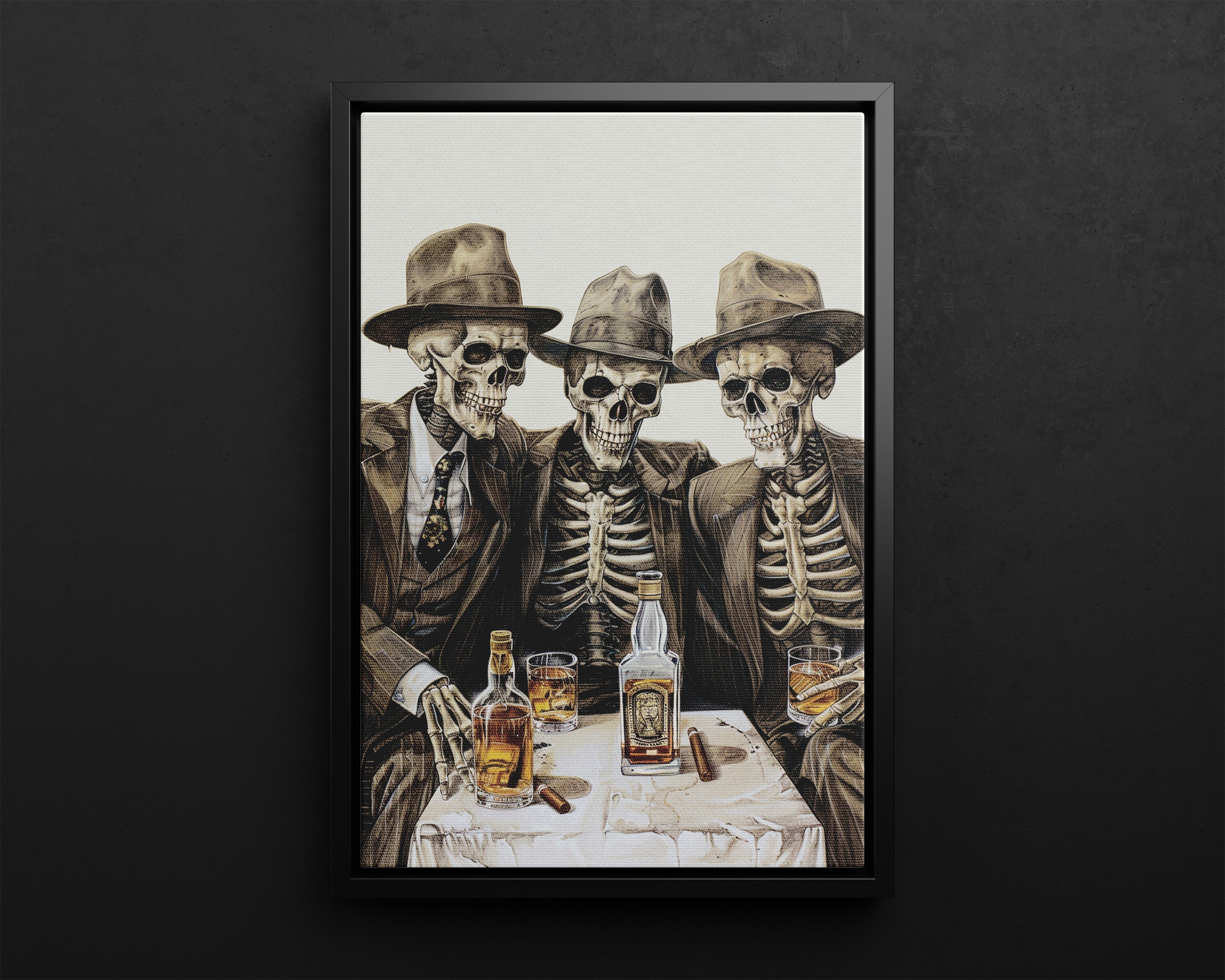 Framed Canvas - Skeleton Whiskey Gentlemen