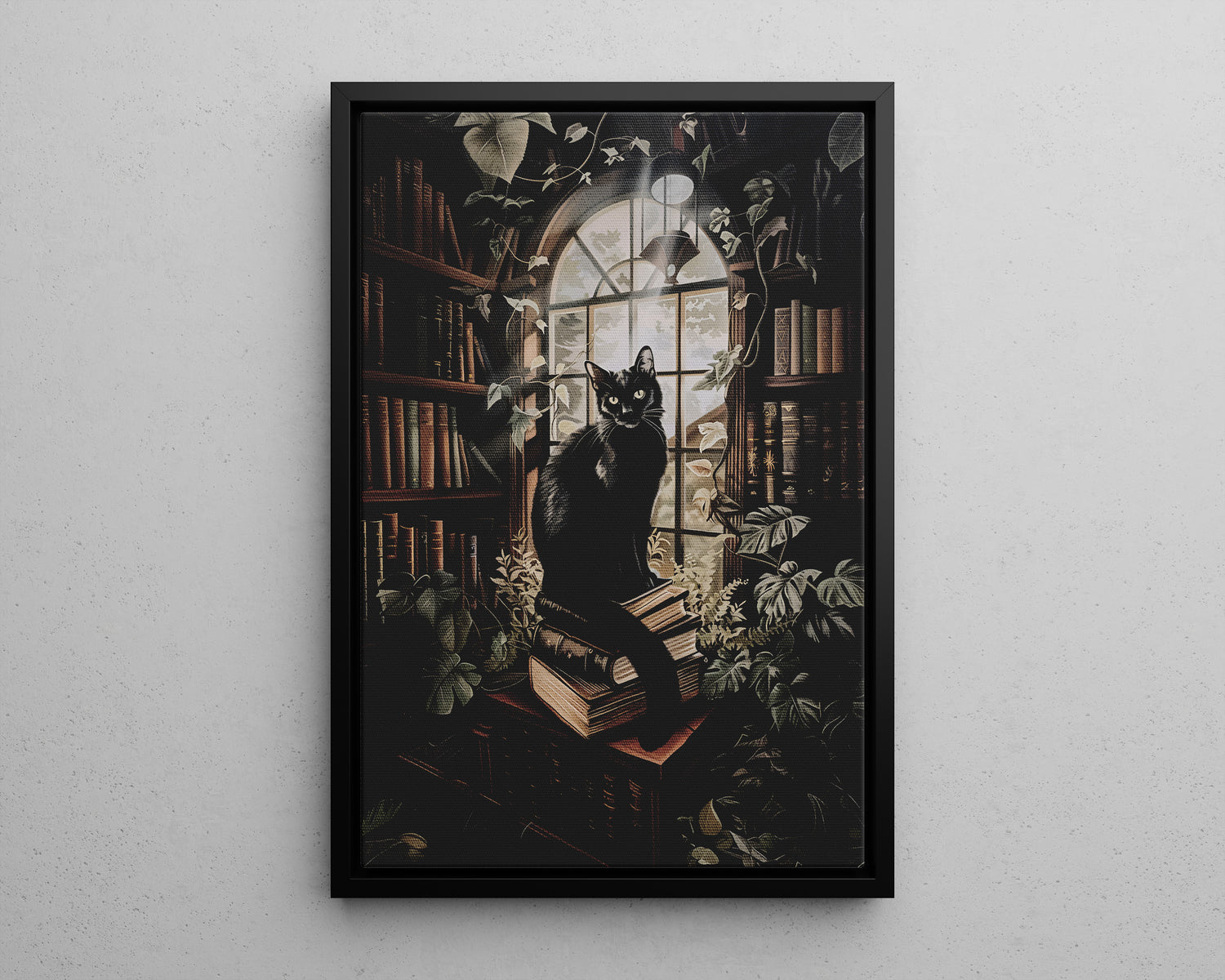 Framed Canvas - Book Hoarder Feline Gaze