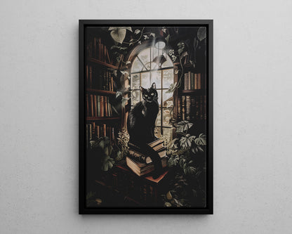 Framed Canvas - Book Hoarder Feline Gaze