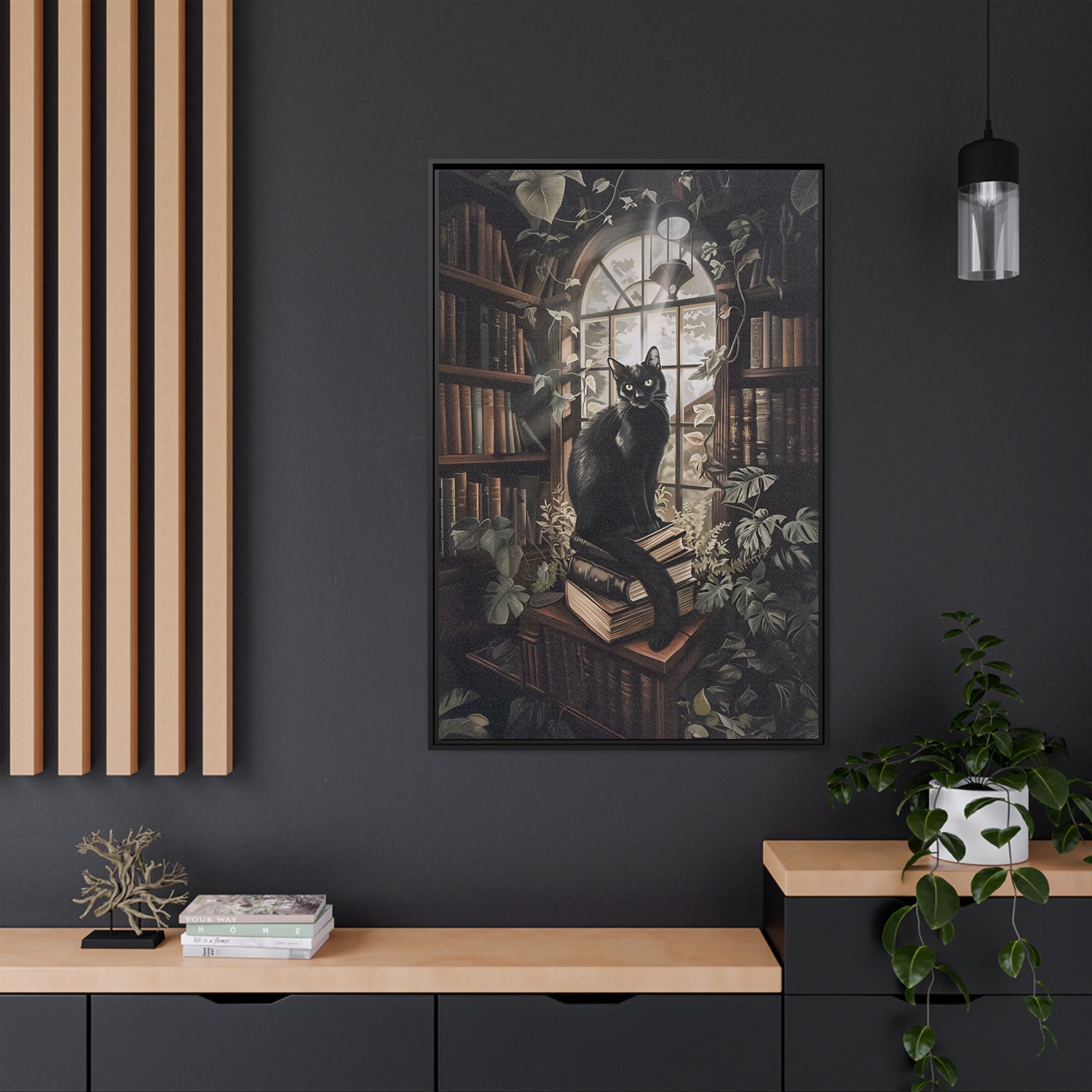 Framed Canvas - Book Hoarder Feline Gaze