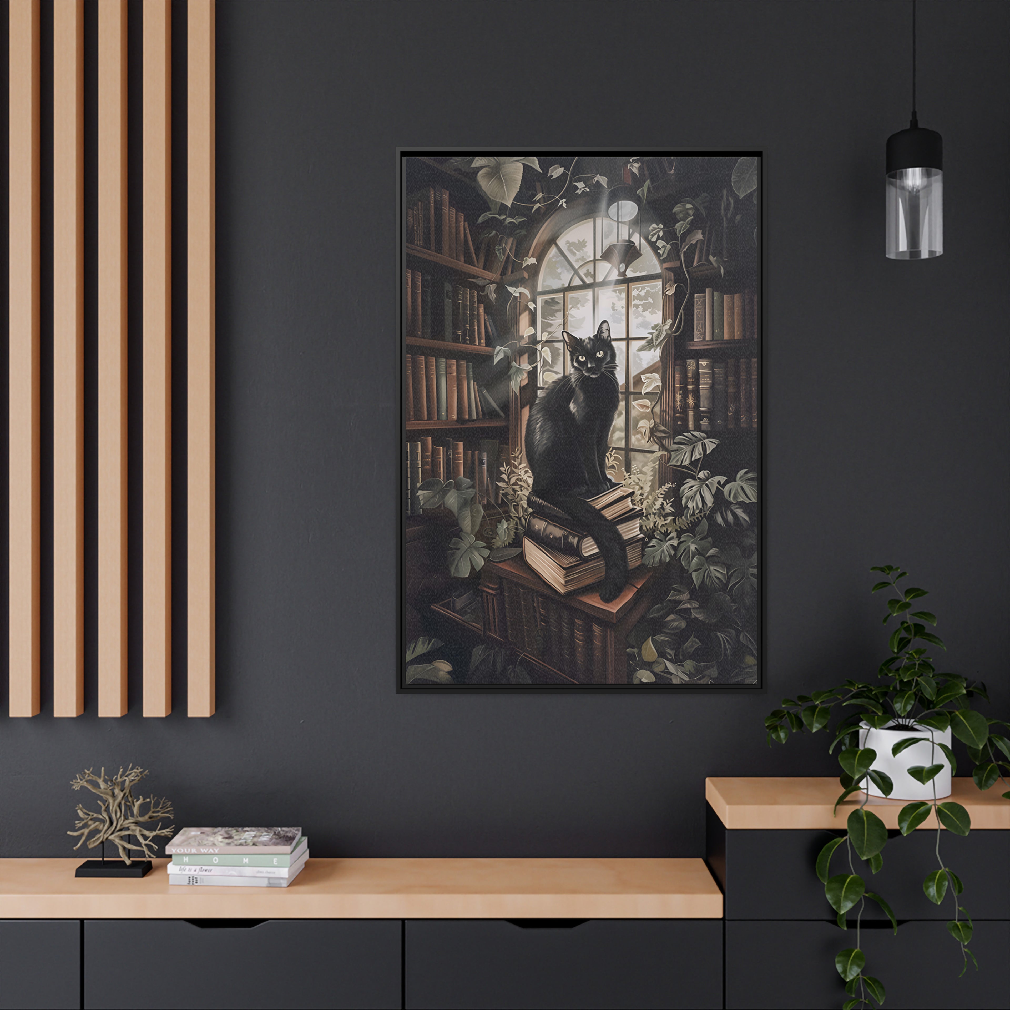 Framed Canvas - Book Hoarder Feline Gaze