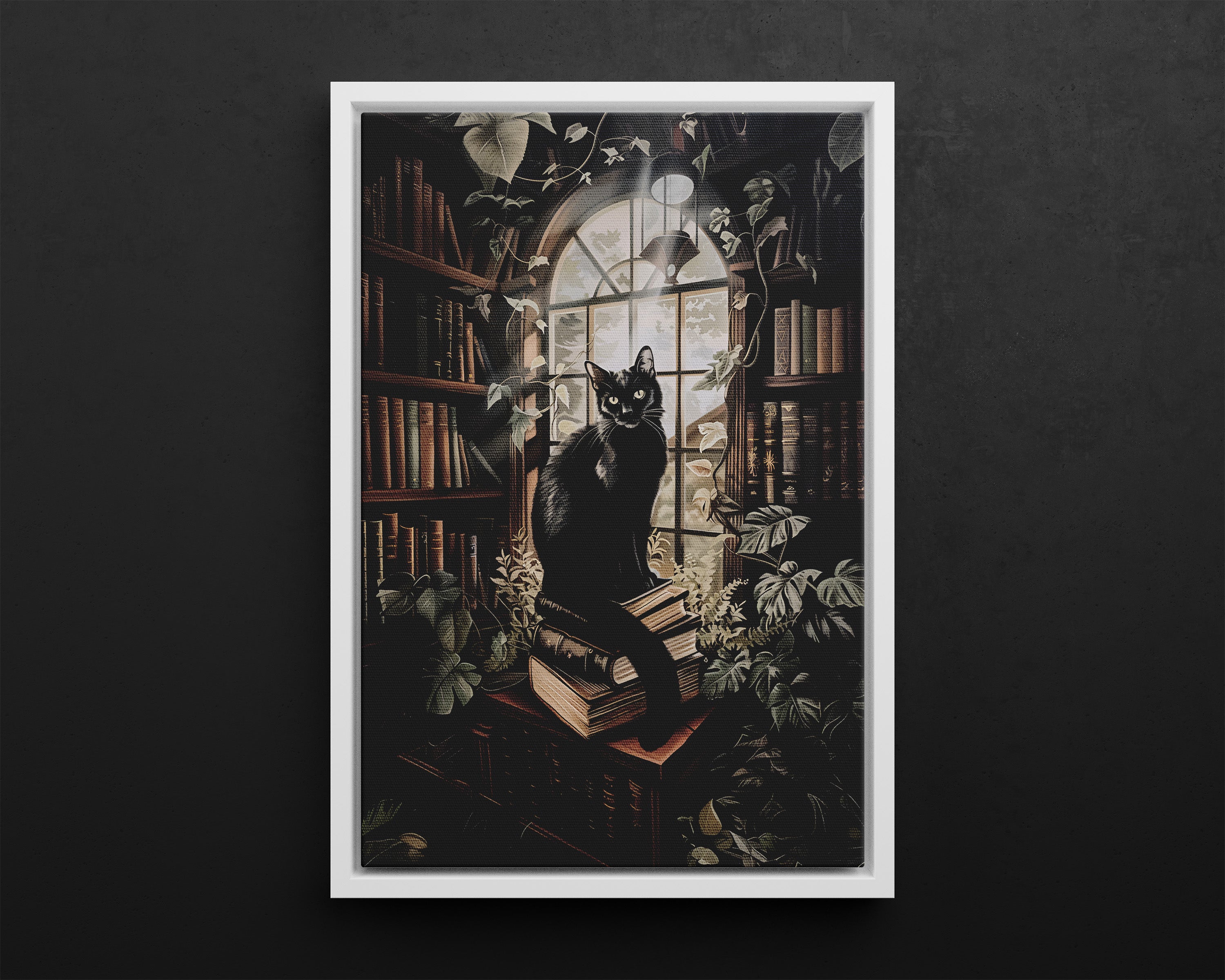 Framed Canvas - Book Hoarder Feline Gaze