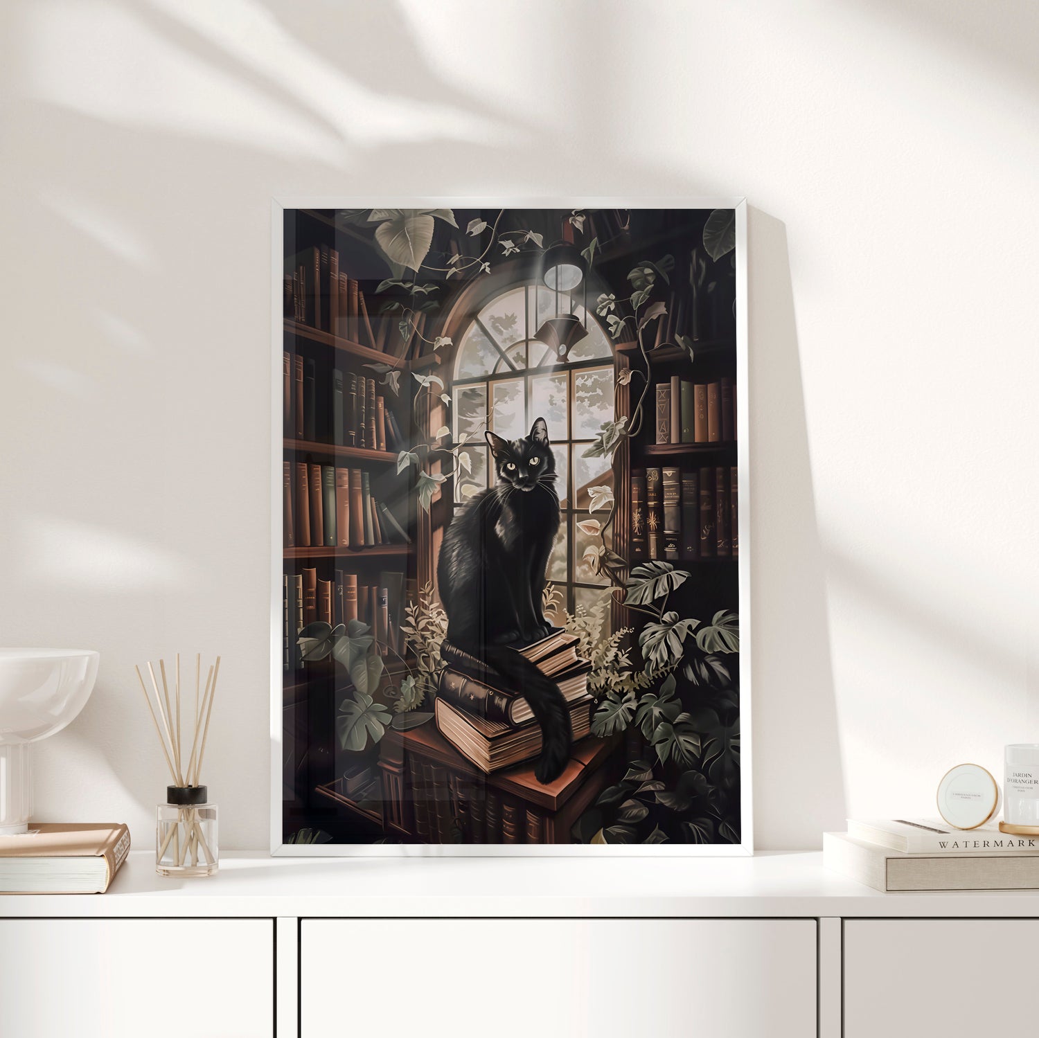Framed Paper Print - Book Hoarder Feline Gaze