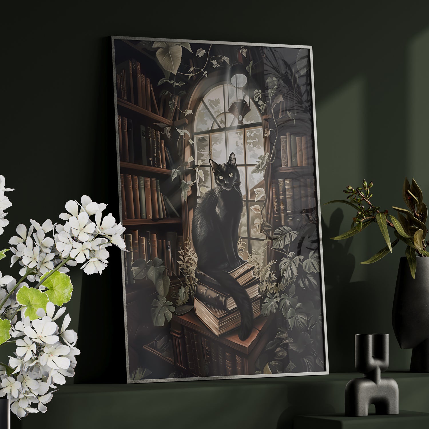 Framed Paper Print - Book Hoarder Feline Gaze