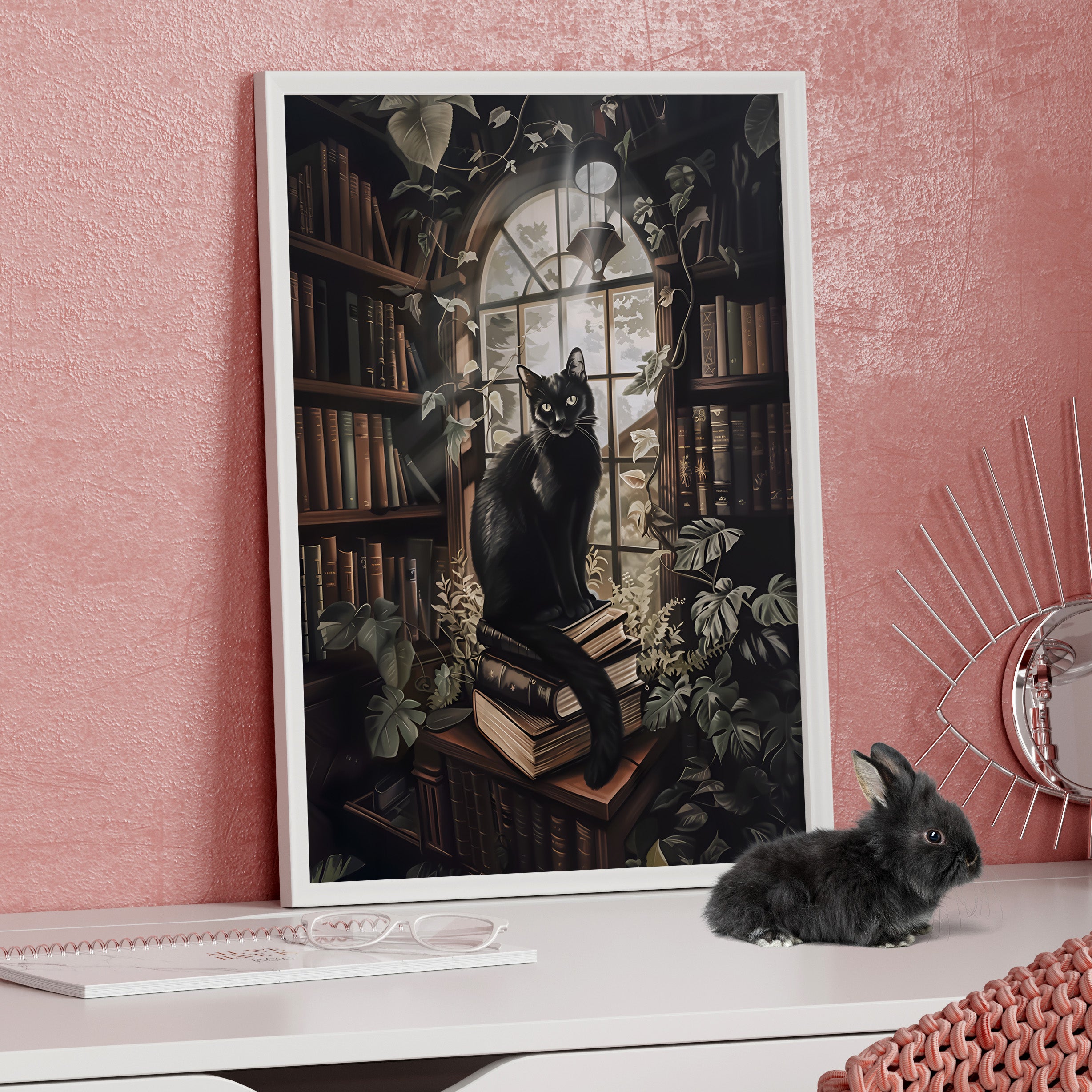 Framed Paper Print - Book Hoarder Feline Gaze