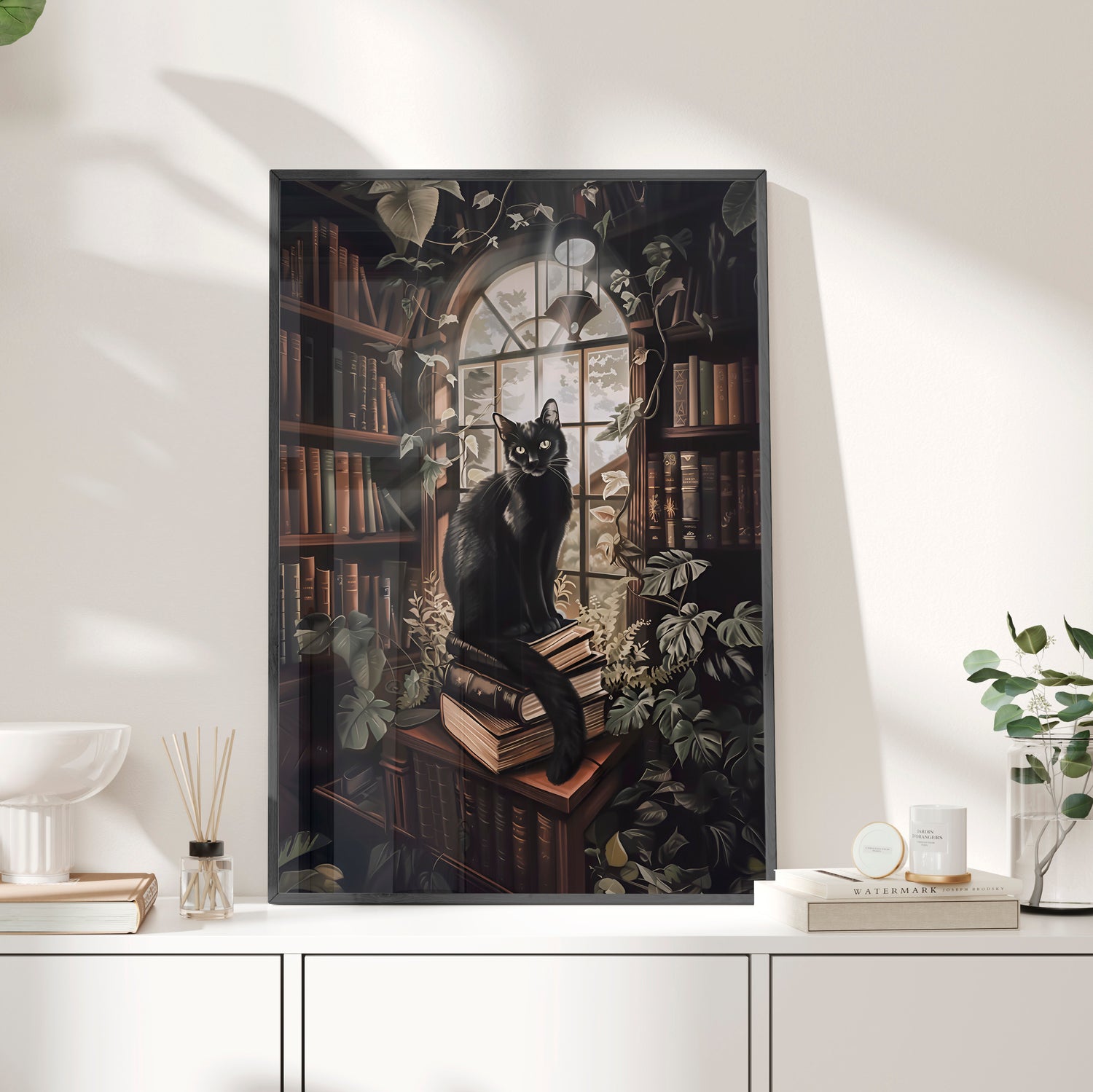 Framed Paper Print - Book Hoarder Feline Gaze