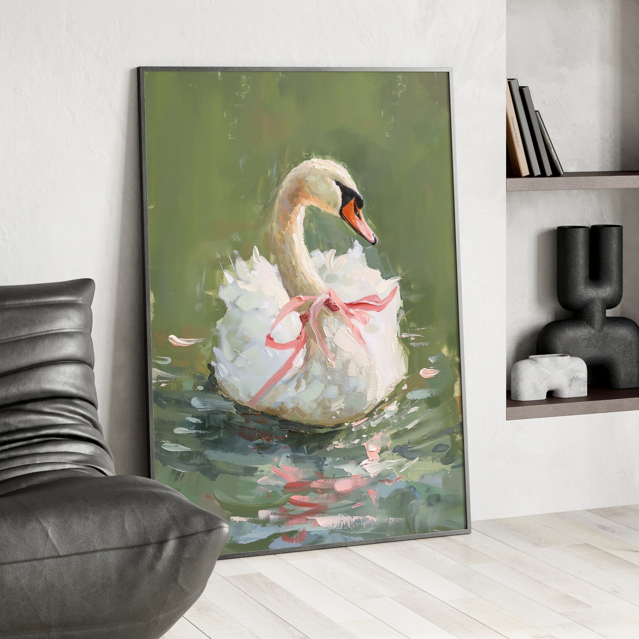 Framed Paper Print - Ballet Swan in Pink Bow
