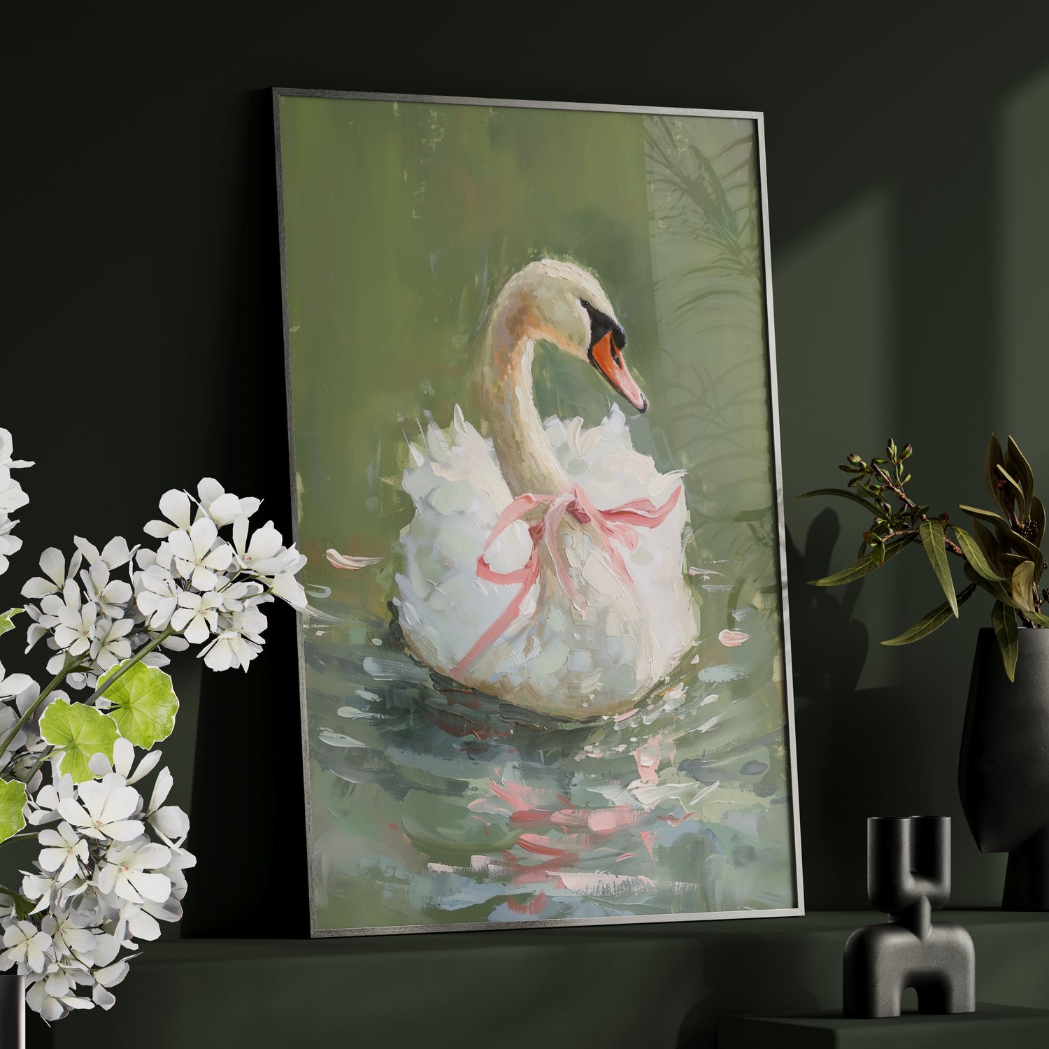 Framed Paper Print - Ballet Swan in Pink Bow