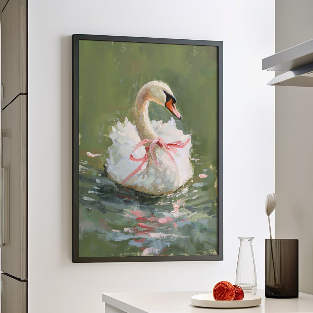 Framed Paper Print - Ballet Swan in Pink Bow