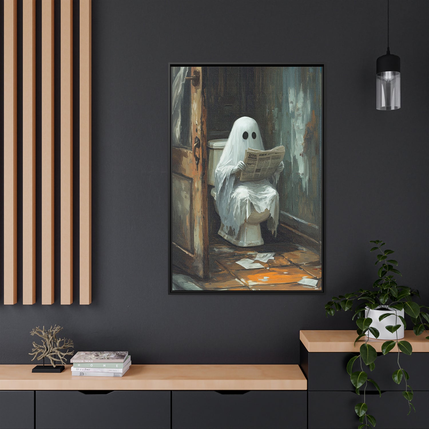 Framed Canvas - Ghostly Bathroom Break