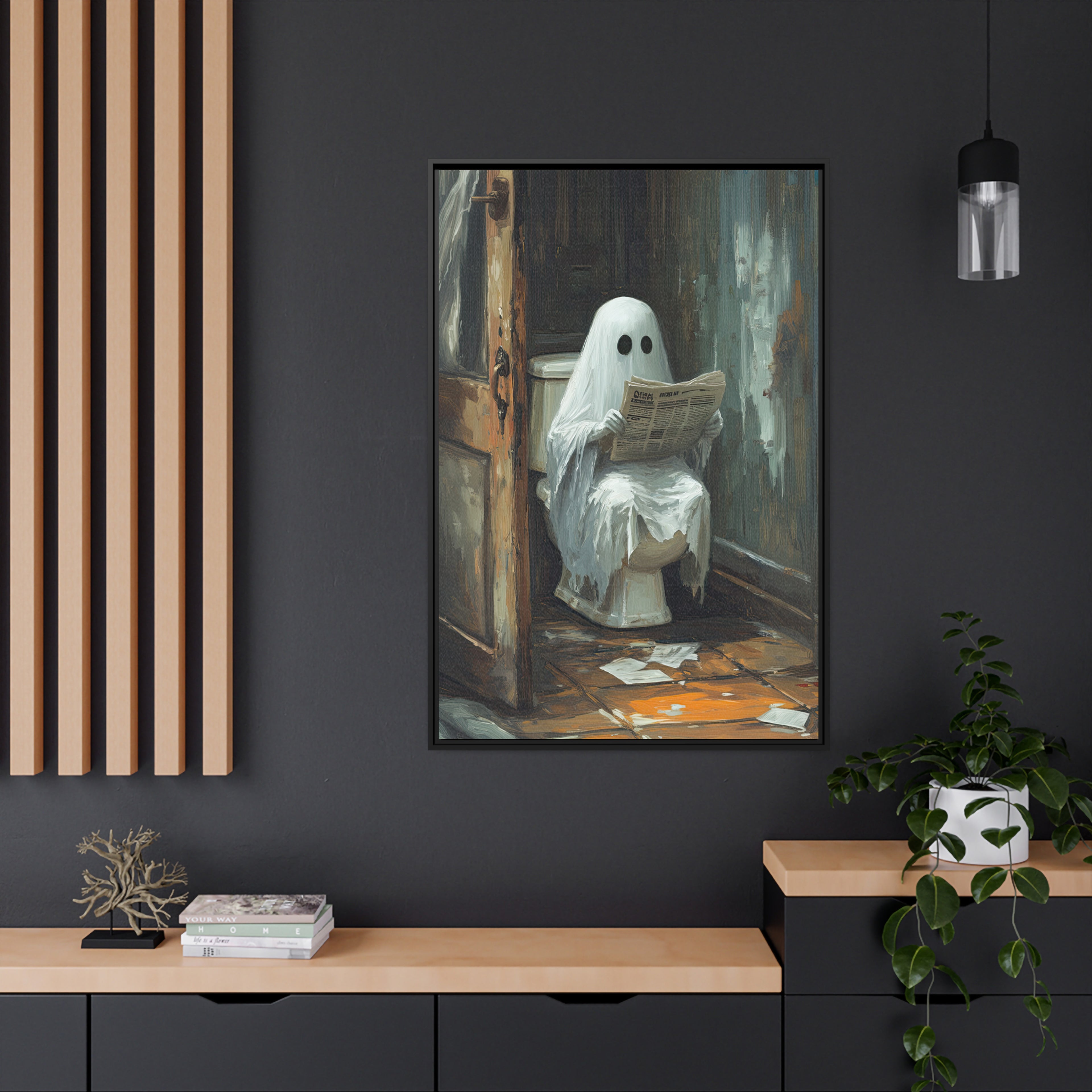 Framed Canvas - Ghostly Bathroom Break
