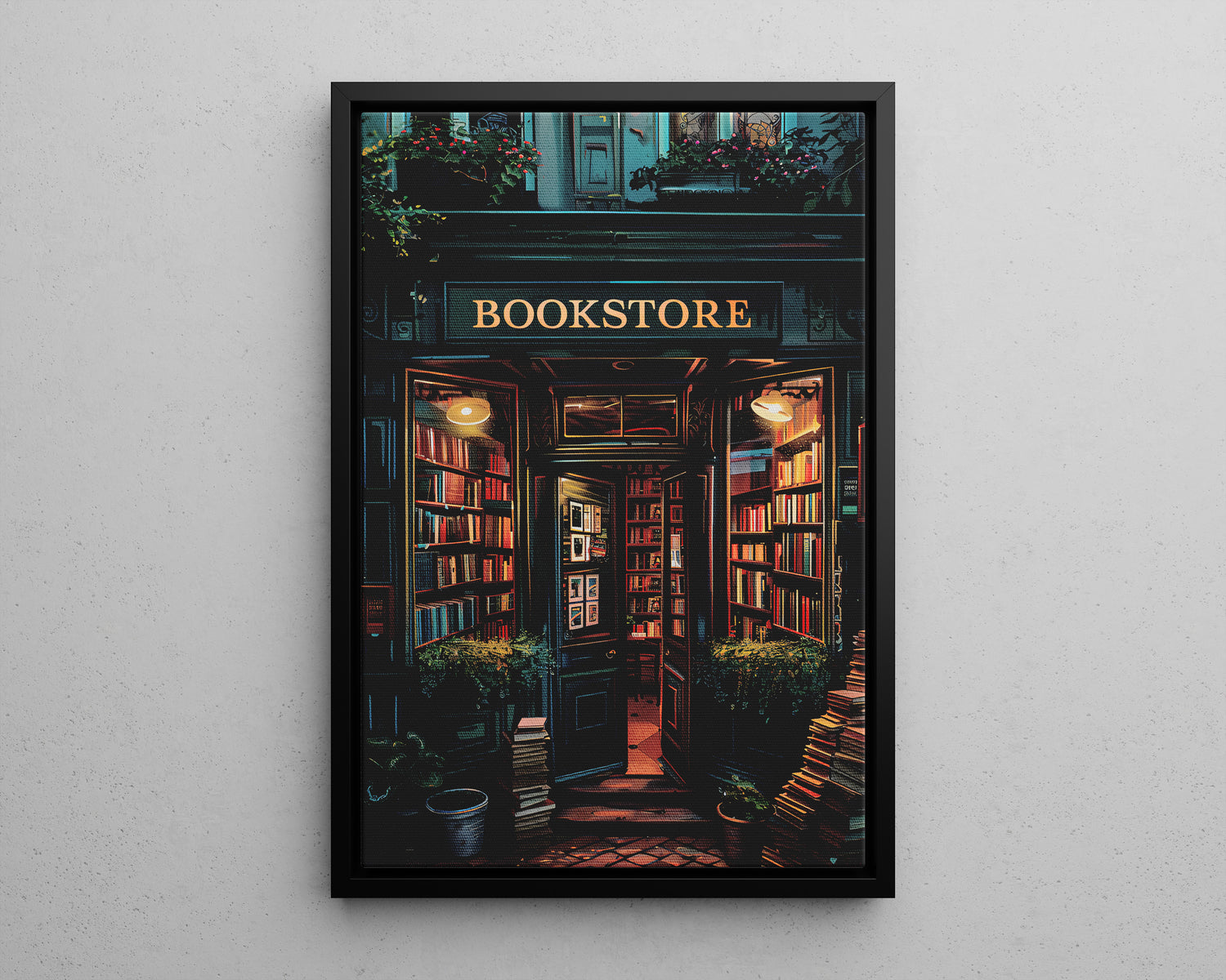 Framed Canvas - Midnight Bookstore Glow