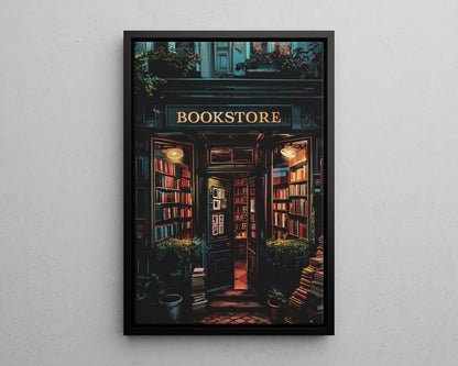 Framed Canvas - Midnight Bookstore Glow