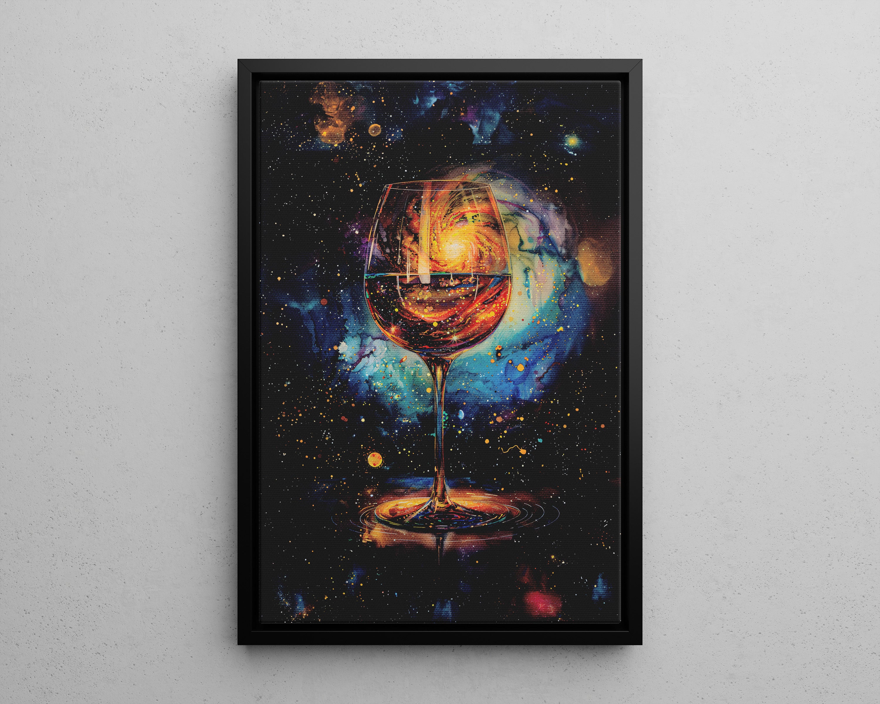 Framed Canvas - Cosmic Swirl in Wine Glass