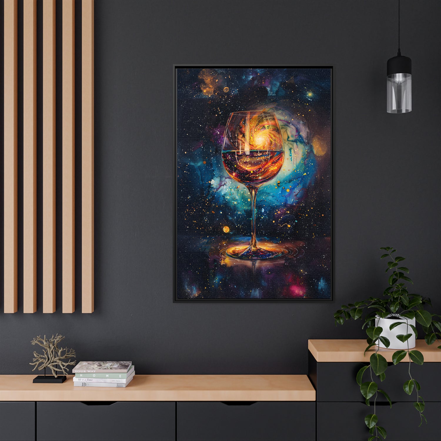 Framed Canvas - Cosmic Swirl in Wine Glass