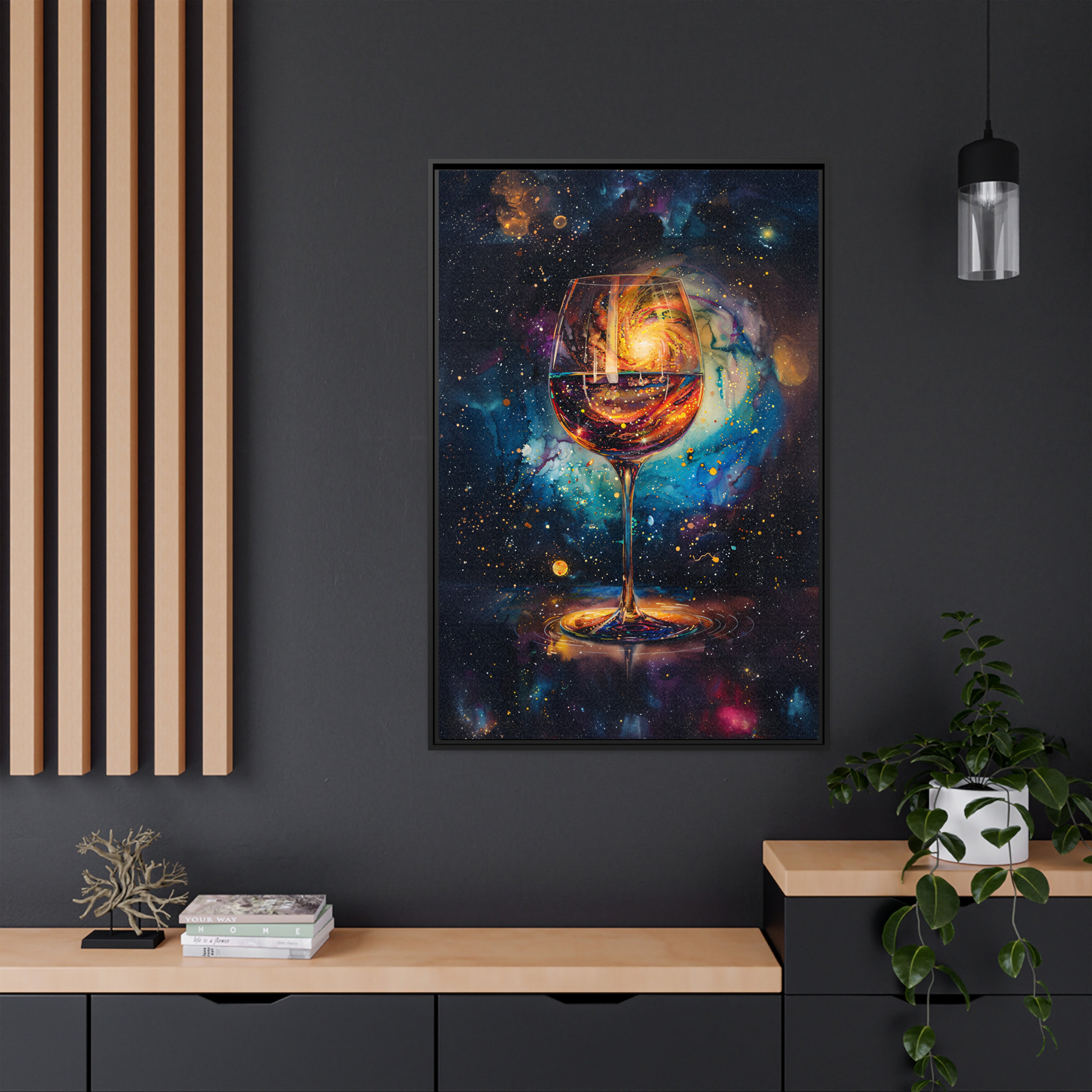 Framed Canvas - Cosmic Swirl in Wine Glass