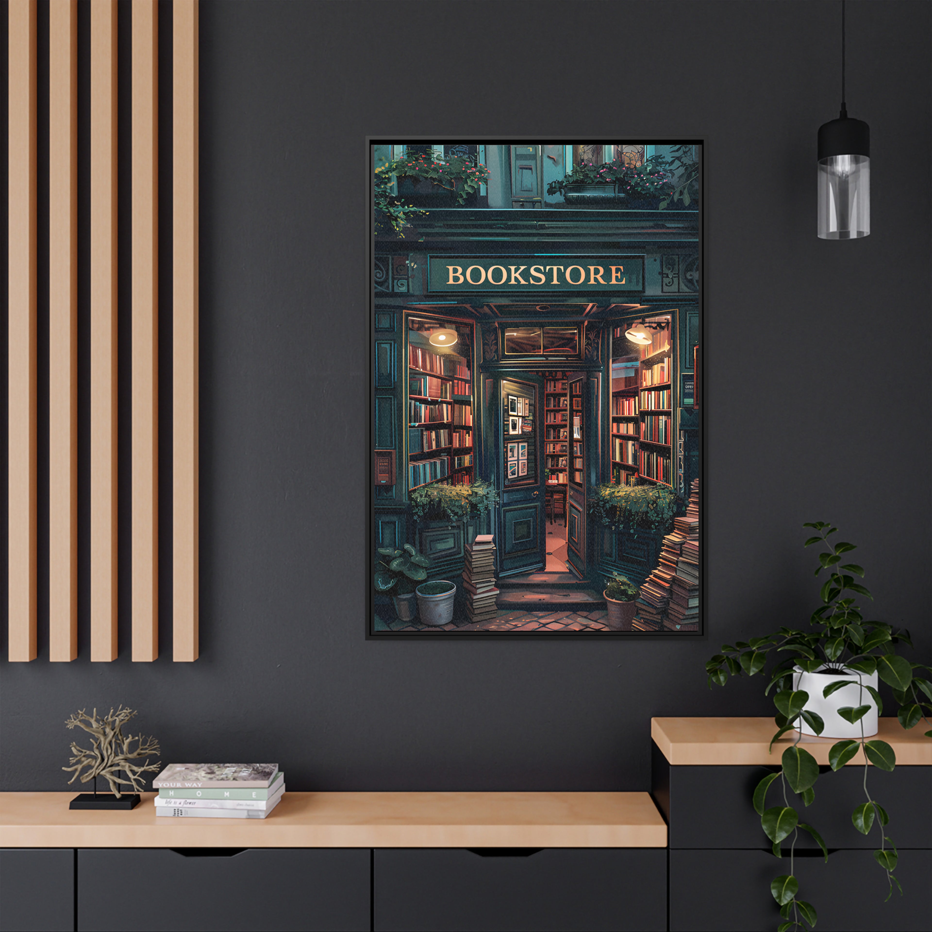 Framed Canvas - Midnight Bookstore Glow