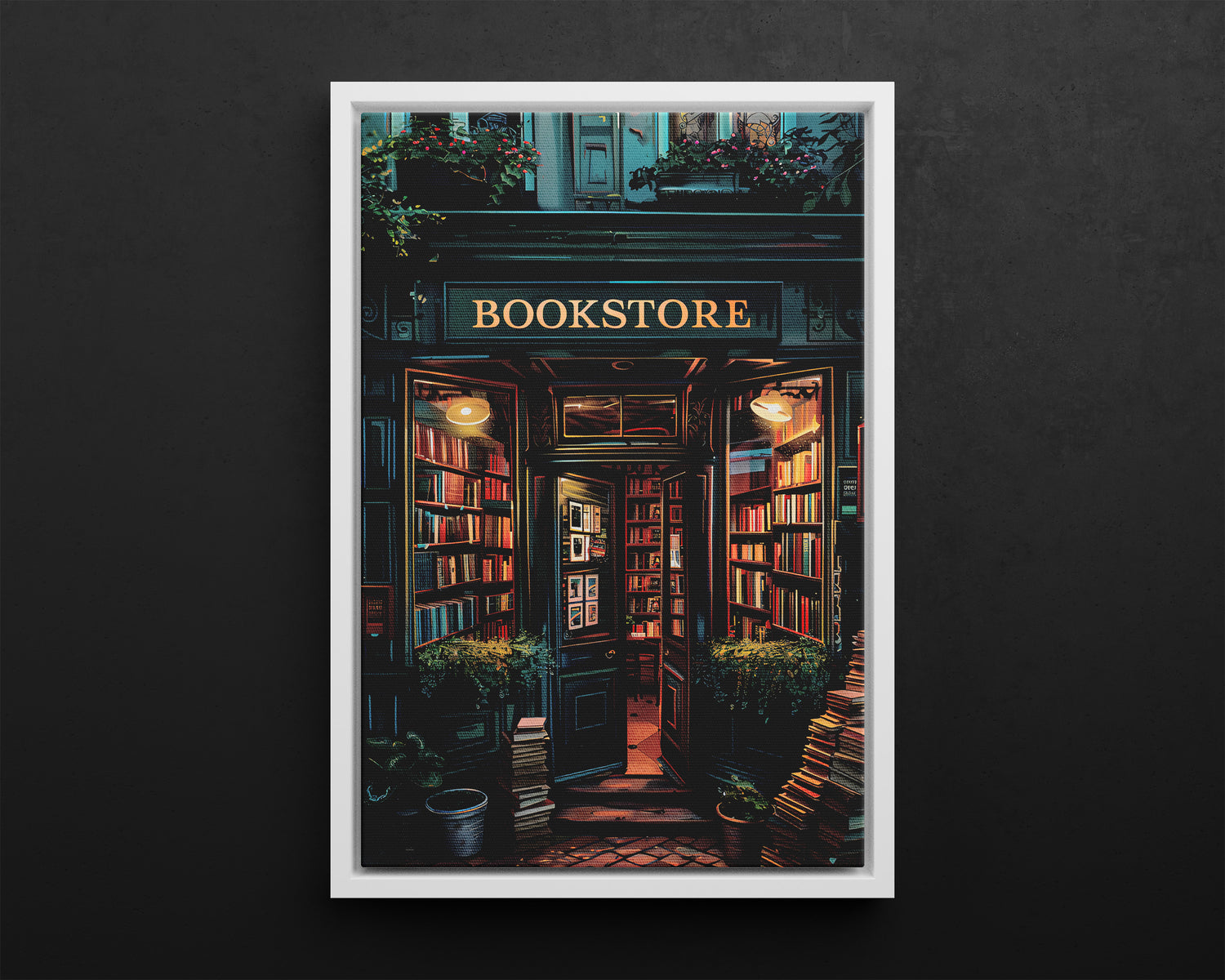 Framed Canvas - Midnight Bookstore Glow