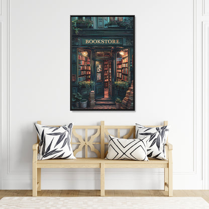 Framed Canvas - Midnight Bookstore Glow