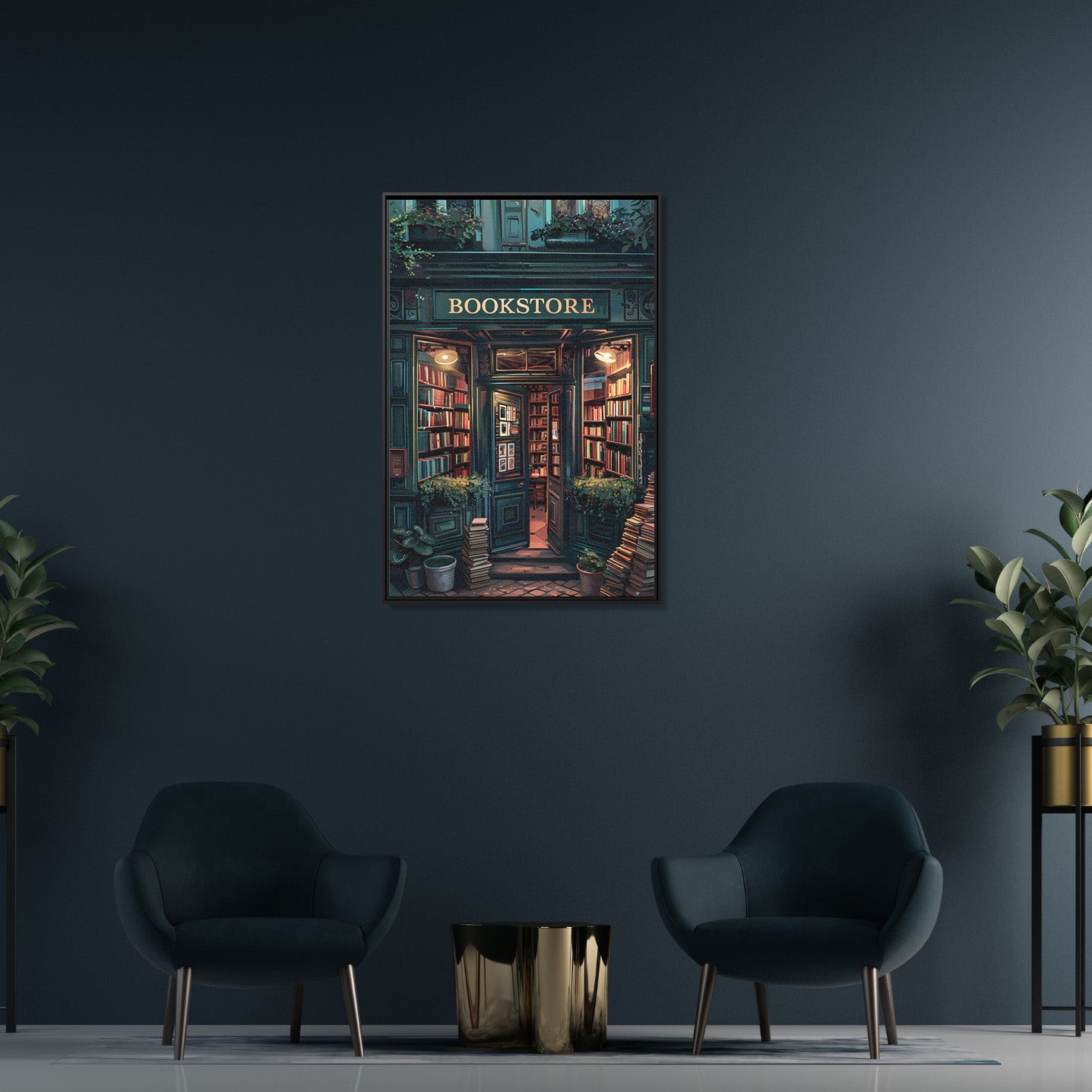 Framed Canvas - Midnight Bookstore Glow