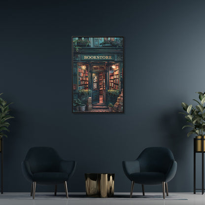 Framed Canvas - Midnight Bookstore Glow