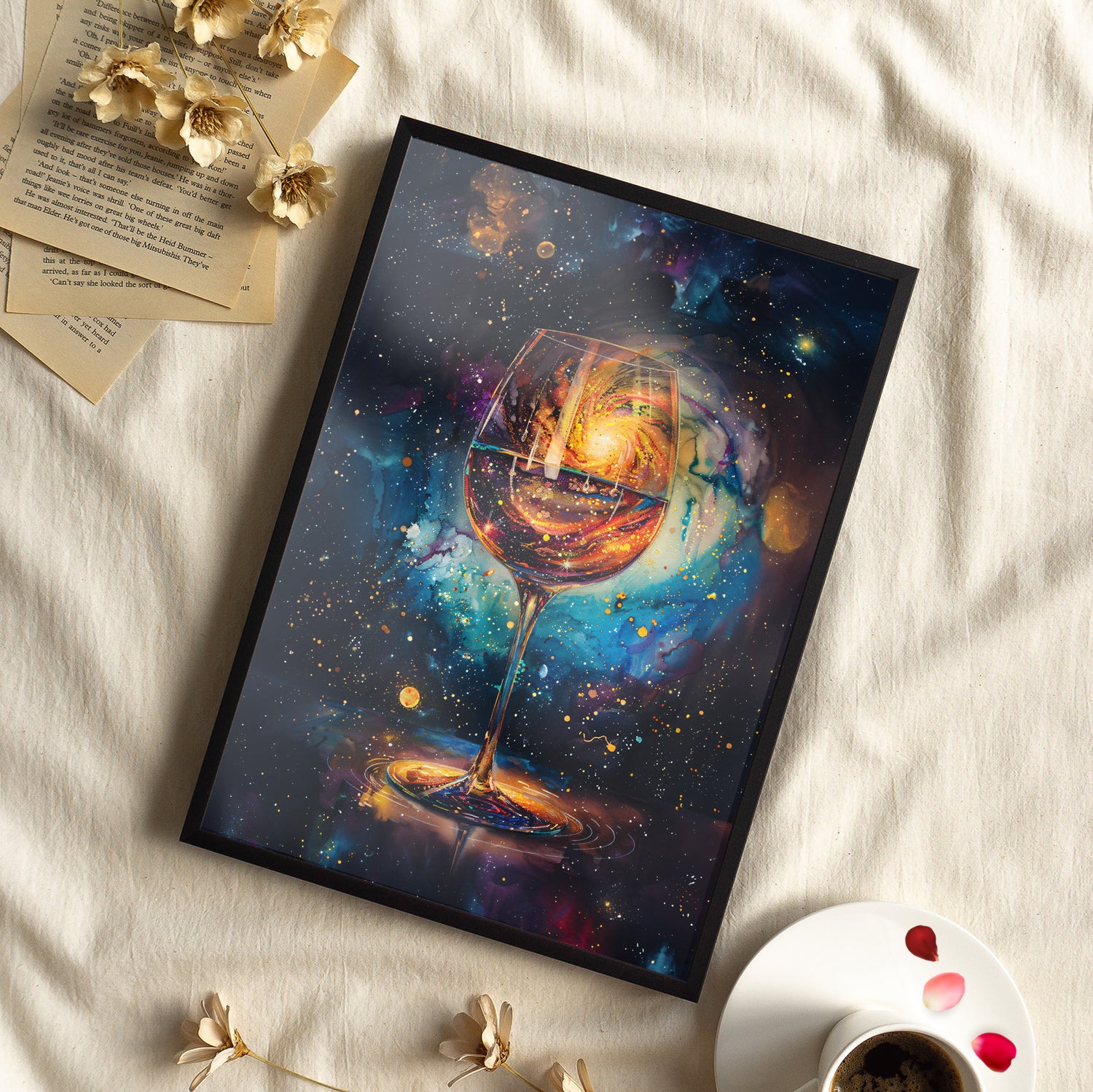 Framed Paper Print - Cosmic Swirl in Wine Glass